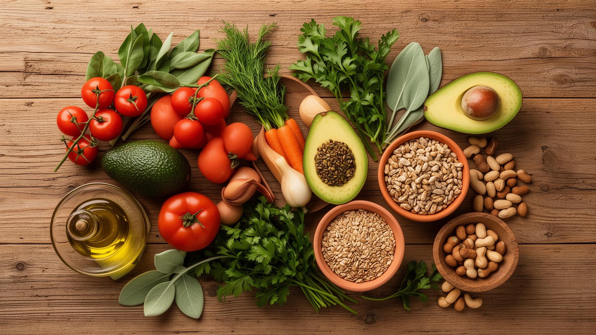 Fresh vegetables, herbs, and whole foods on a wood table